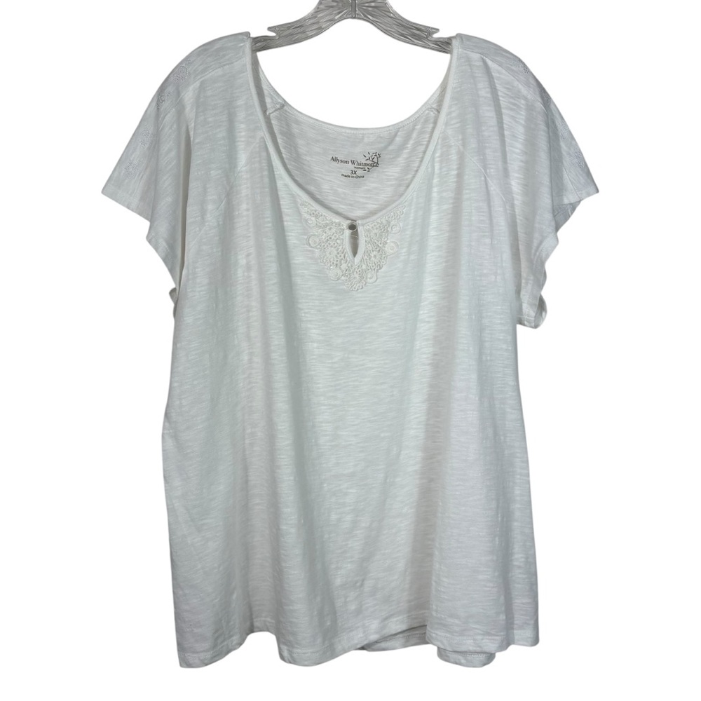 Allyson Whitmore Woman White Floral Lace Trim Lightweight Casual Top Plus Size